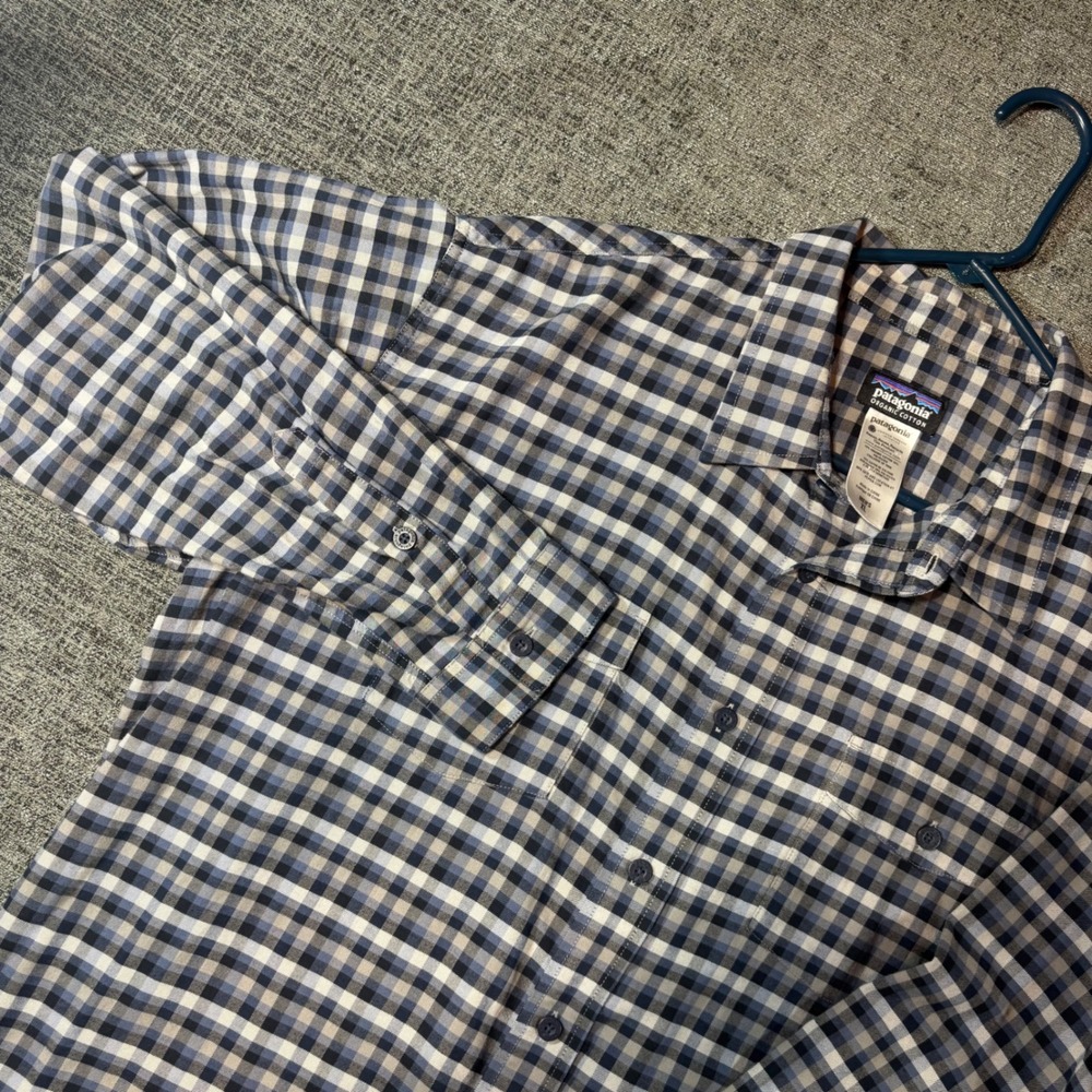 Patagonia Button Down Shirt XL Blue Grey Gingham Cotton Blend Long Sleeve